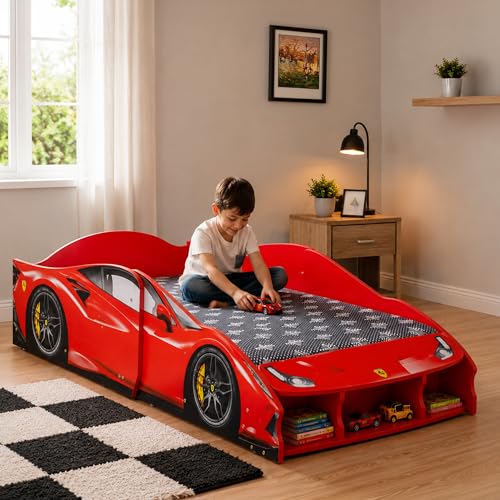 Image of Alex Daisy Kids Racing Car Bed with Front Bookshelf | Engineered Wood Toddler Bed for Boys & Girls | Sports Car Design | Fits 140 x 70 cm Mattress | Child Bed Up to 8 yr or 50 kgs (with Mattress)