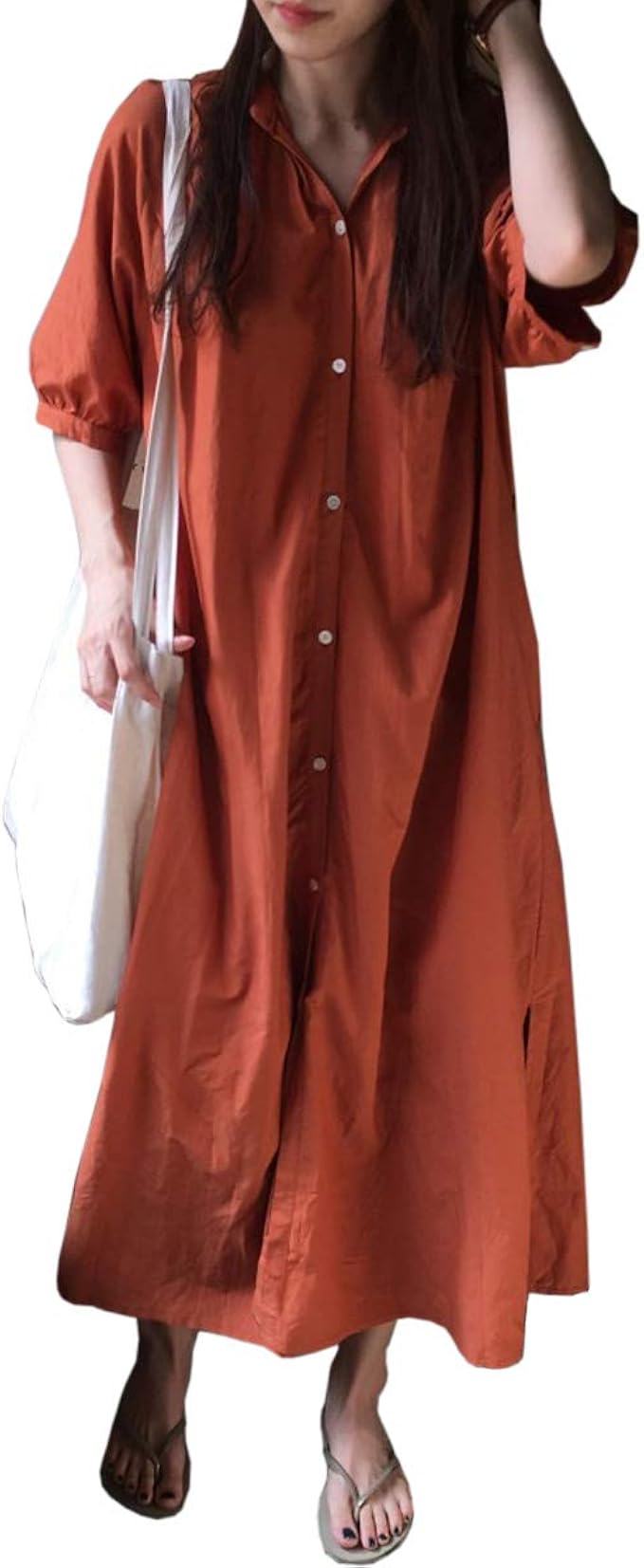 Amazon Ailiti シャツワンピース レディース ロング丈 無地 ゆったり マキシワンピース 7分袖 体型カバー 着痩せ フリー オレンジ コート ジャケット 通販