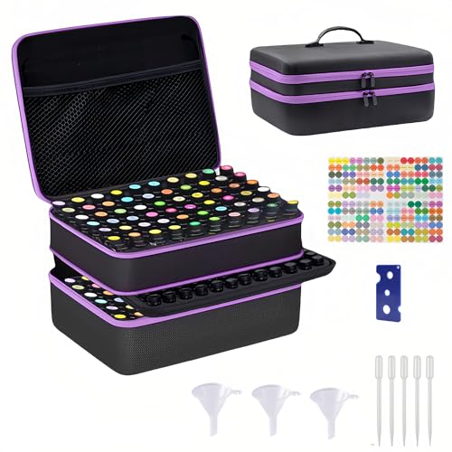 GZWENHAN 204 Slots Essential Oil Organizer Case, Hard Shell Storage Box for 1ml-15ml Bottles, Extra Large Double Layer Portable Travel Bag for Aromatherapy Vials & Peptides, Black with Purple