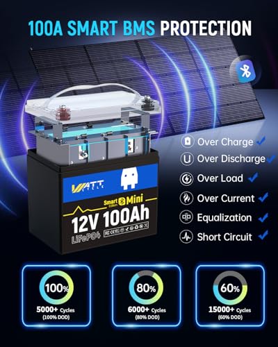 Image of WattCycle 12V 100Ah LiFePO4 Lithium Battery with Bluetooth BCI Group 24 12V Mini Batterys 100A Smart BMS Support Monitoring Battery via Phone Bluetooth 15000 deep Cycles Marine Trolling Motor RV