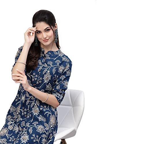 Image of Stylum Women's Aqua Floral Printed Rayon A-Line Kurta | Comfortable Daily Office & Casual Wear (Available in Plus Sizes)