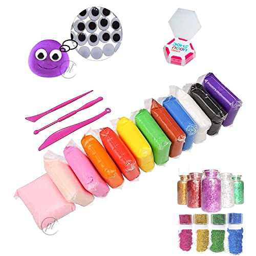Image of Promote Trader Air Dry Magic Clay 12 Colors+1 Eraser+ Glitter+ Googly Eyes, Free Stickers with Modeling Clay & Dough, Creative Art DIY Kids Art Crafts, Best Gift for Boys & Girls Age 3-12 Year Old