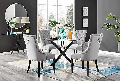 Furniturebox UK Novara Black Leg Round Glass Dining Table & 4 Grey Belgravia Black Leg Chairs