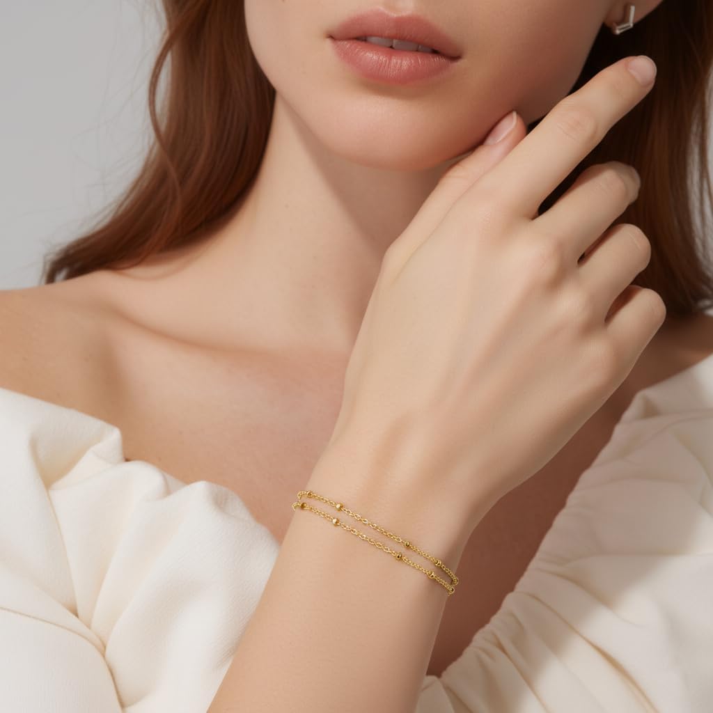 Gold Bracelets for Women 14K Gold Bracelets for Women Beaded Bracelet Two-Strand Structure Trendy Layered Bracelet for Womens - Image 4