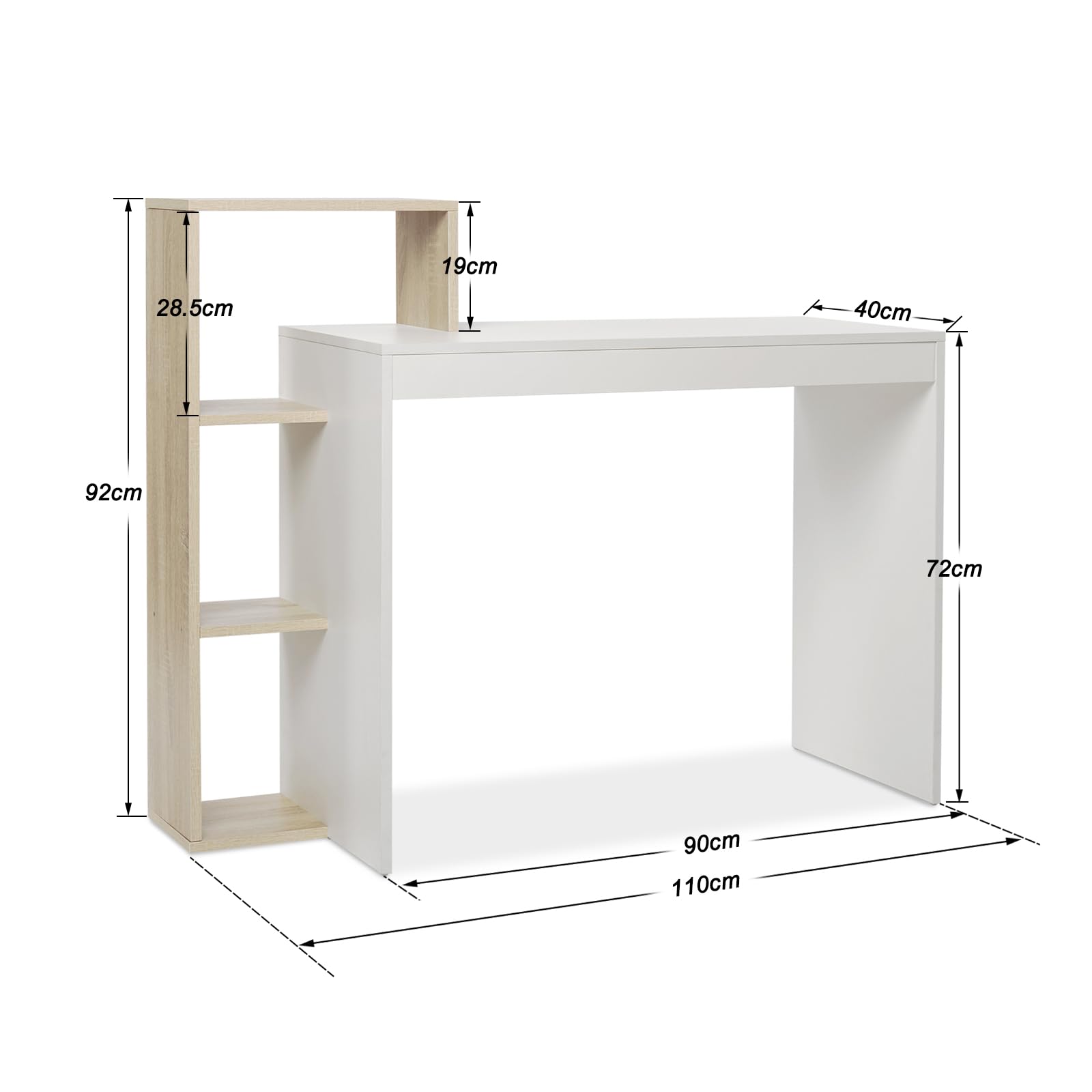 Mondeer Scrivani, Scrivania per Computer con Ripiani a 3 Livelli, Salvaspazio, per Ufficio Domestici Postazioni di Lavoro Camera da Letto Studio, 110 x 40 x 92 cm, Bianco e Legno