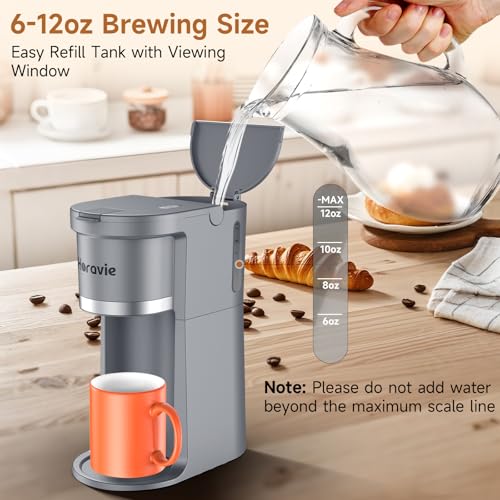 Image of Small Single Serve Coffee Maker, One Cup Coffee Machine for K-Cup & Grounds | Portable Pod Coffee Maker, Fast Brew, 6 to 12 oz. Brew Sizes, One Button Design, Easy for Elder to Use, Space Saving, Grey