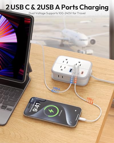 NTONPOWER 10 in 1 Travel Power Strip, 6 Outlets 4 USB Ports(2 USB C), 4ft Extension Cord Wrapped Around Small Power Strip, Compact for Travel, Hotel, Cruise Approved, White - Image 3
