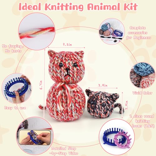 Image of Aeelike Beginner Round Loom Kit,Vedio Learn to Knit Cat,Family Craft Gift | 2 Size Protable Loom Kit with Mixedcolor Yarn,Muti-Accessories,Step-by-Step Tutorial，Easy Quick Knitting for Beginners Family