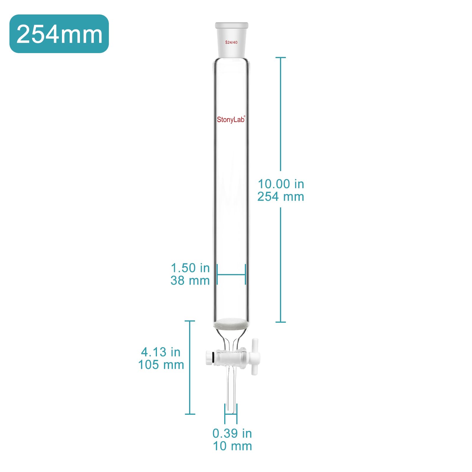stonylab Colonna di Cromatografia, Diametro Interno 38 mm, Lunghezza Efficace 254 mm, Disco Sinterizzato G2, Giunto 24/40, Vetro Borosilicato Alto per Uso in Laboratorio