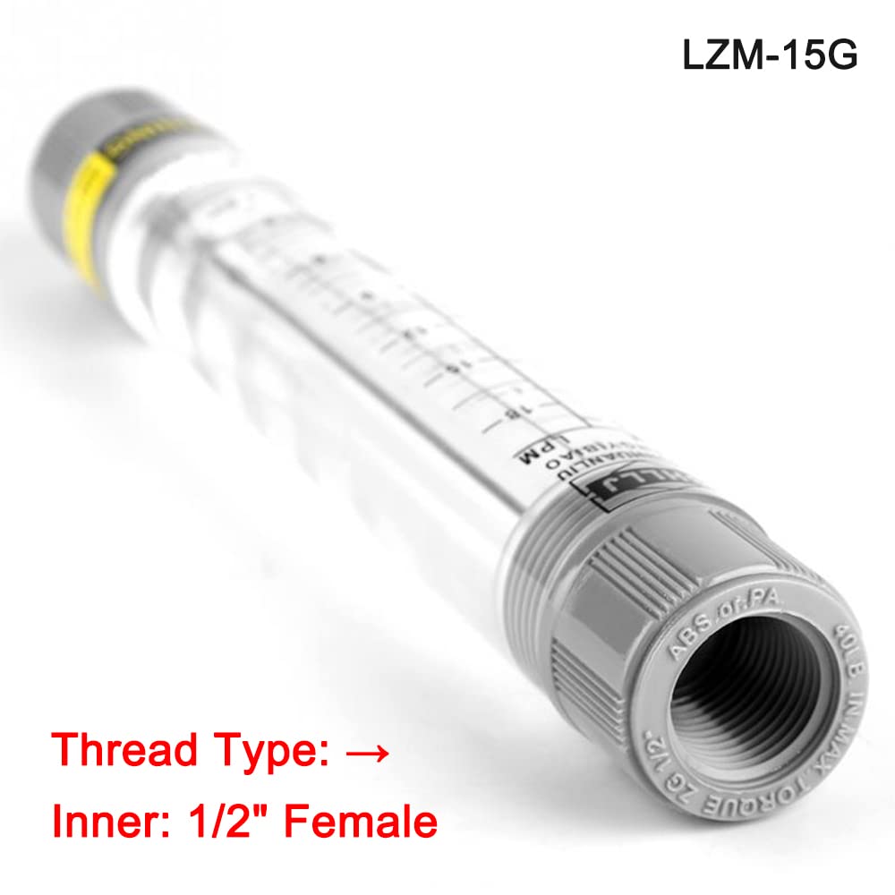 Caudalímetro líquido, LZM-15G Rotámetro tipo tubo acrílico para medir el caudal de agua, 0.5-5 GPM y 1.8-18 LPM (rosca interna de 1/2 pulgada)