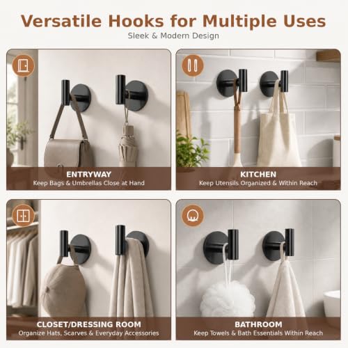 Image of Self-Adhesive Coat Hooks, Stainless Steel Heavy Duty Wall Hooks, Towel Hooks for Hanging Robes, Aprons, Coats and Hats in Bathrooms,Kitchens and Hotels(2 Pack, Black)