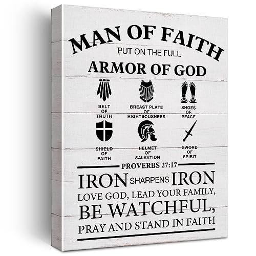 Christian Canvas Wall Art Framed Man of Faith Quotes Proverbs 27：17 Bible Poster Print Canvas Painting Picture Sign Home Decoration 12"x15" Ready to Hang