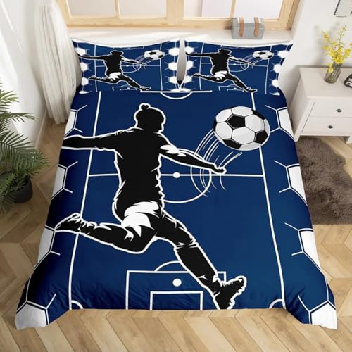 SJSXWQN Housse de Couette 240 x 260 cm Adulte Ballon De Foot Bleu Parure de Lit 2 Personnes avec Fermeture Éclair Doux Respirant Microfibre Housse de Couette et 2 Taie d'oreiller 65x65 cm