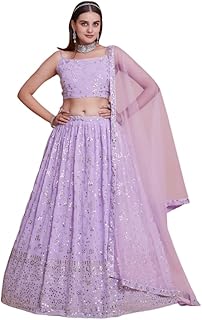 JIHU CULTURE Women Georgette Semi Stitched Lavender Embroidery Lehenga Choli Semi-Sttiched Lengha Choli With Dupatta, 3.5