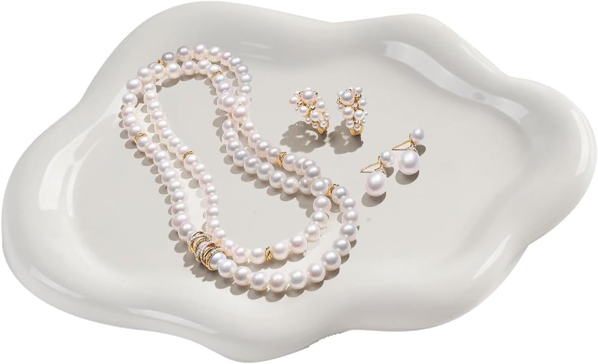 Fychuo Ceramic Jewellery Dish Trinket Tray Decorative White Tray Girl Aesthetic Cloud Jewelry Trays Cosmetic Ring Key Holder Organizer Dishes Room Desk Decor