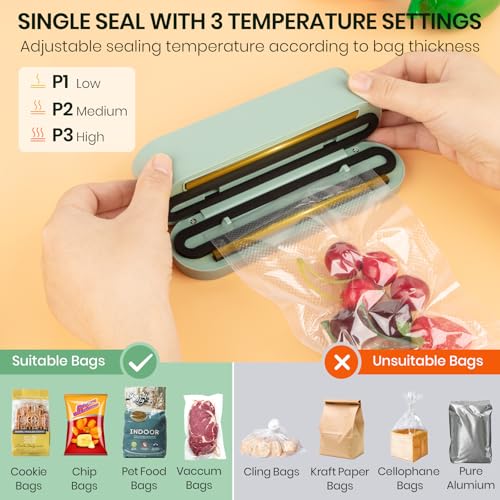 Mini Vacuum Sealer for Food, 3 in 1 Cordless Rechargeable Food Sealer for Dry/Moist Food Storage with 4 Snack Bags, Heat Sealer for Chip Bags, Inflation Pump for Balls/Swim Ring - Green