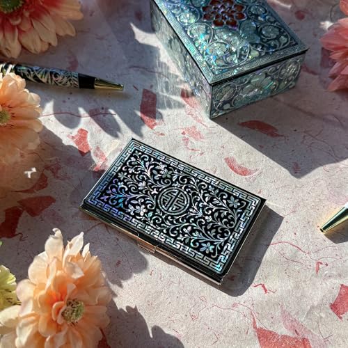Image of Mother of Pearl Business Card Case Credit Id Name Holder Travel Wallet Art Painting Design Metal Stainless Steel Engraved Slim Purse Pocket Cash Money Wallet (N Arabesque)