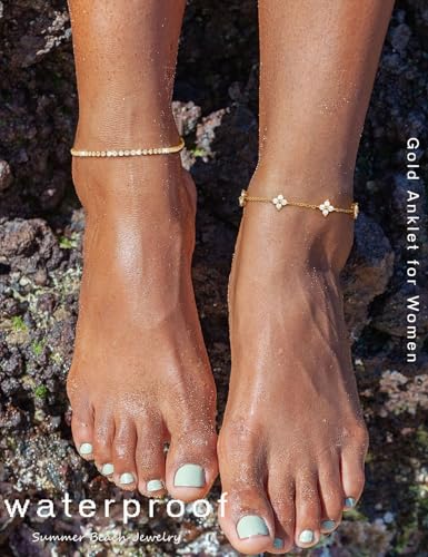 RLMOON Gold Silver Anklets for Women CZ Ankle Bracelet 14K Gold Plated Waterproof Layered Stackable Clover Butterfly Tennis Chain Anklet Trendy Summer Beach Foot Jewelry - Image 4