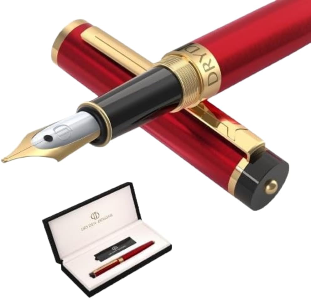 Fountain Pen. Medium Nib Premium Box | 6 Ink Cartridges Included (Royal Red)