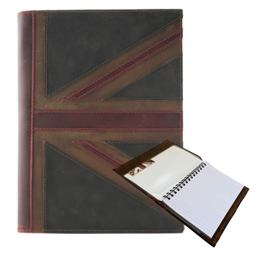 Union Jack Genuine Leather Vintage Notebook Cover British Flag Design with Distressed Finish Includes Free A5 Notebook Leather Writing Journal Holder for Work, Study & Travel