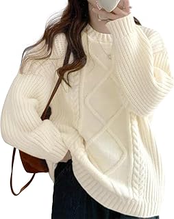 [Yino] セーター レディース ニット ケーブル編み ドロップショルダー 丸首 長袖 トップス 厚手 暖かい ゆったり 体型カバー 伸縮性 可愛い おしゃれ カジュアル 通勤 プルオーバー 秋 冬