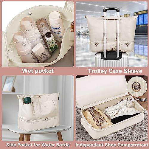 Etronik Weekender Bag For Women, Expandable Travel Duffel Bag With Usb Charging Port, Gym Bag With Shoe Compartment And Wet Pocket, Carry On Tote Bag For Women Travel Airplanes 3Pcs Set, Beige #TOP3