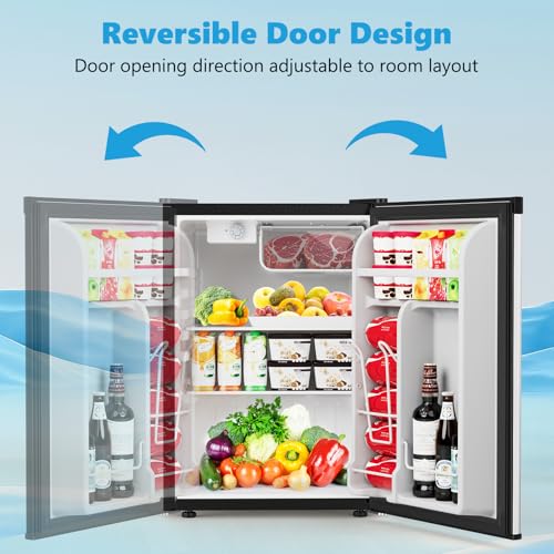 Image of COWSAR 2.6 Cu.Ft Mini Fridge with Freezer, Quiet Reversible Door Compact Refrigerator, Small Refrigerator with 2 Removable Shelves, Adjustable Thermostat, for Office, Bedroom, Dorm, Silver