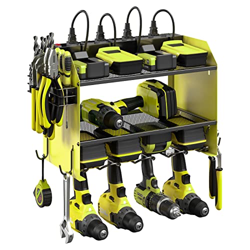 CCCEI Modular Power Tool Organizer Wall Mount with Charging Station. Garage Drill Storage Shelf with Hooks, Heavy Duty Rack, Tool Battery Holder Built in 8 Outlet. Gift for Men. Green, 2 Pack.