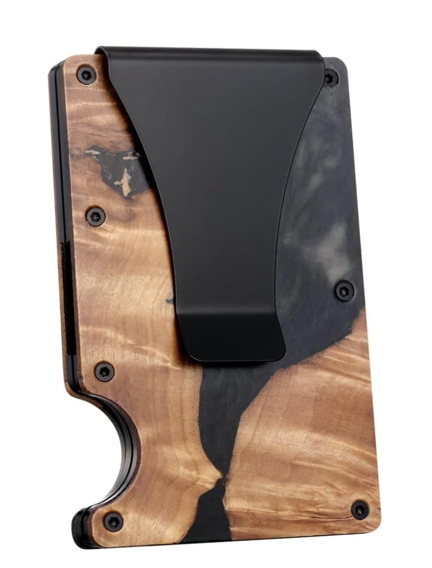 Customized Wooden Minimalist Wallet for Men - Slim RFID Blocking Credit Card Holder with Money Clip - Personalized Front Pocket Wallet - Natural Wood - Ideal Gift with Matte Box (Black)