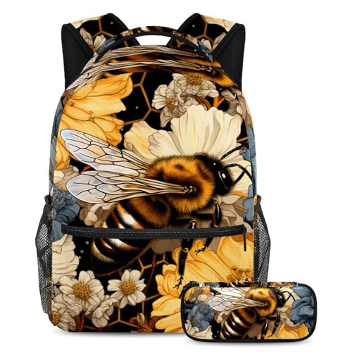 Sac à dos motif abeilles jaunes grand format avec trousse de rangement pour garçons et filles