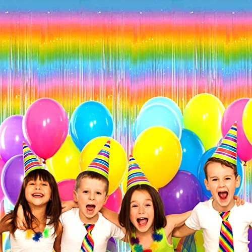 Image of 4 Pack Macaron Rainbow Foil Fringe Curtain Backdrop, 3.28Ft x 8.2Ft Metallic Tinsel Foil Fringe Streamer Curtains for Photo Booth, Birthday, Wedding, New Year's, Easter Decorations Party Supplies