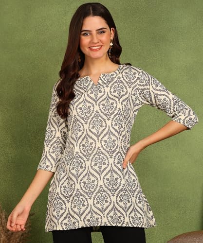 Image of DSK Studio Women's Cotton Short Kurti with Notch Neck Line 3 /4th Sleeves Floral Pattern Short Length and Regular Fit