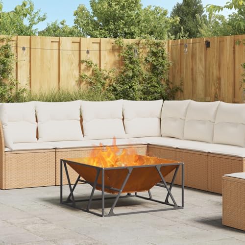 BARULUOAKLIFE Focolare Rustico in Acciaio Antiruggine per Esterno, Design Quadrato Marrone Invecchiato 80x80x40 cm, Camera Spaziosa per Tronchi, Riscaldamento da Giardino e Balcone,