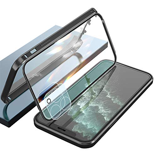 Ellmi Funda para iPhone 11 Pro Anti Separar Carcasa Vidrio Templado Cover 360 Protección Metal Case Anti Otoño Antichoque Carcasa para iPhone 11 Pro - Negro