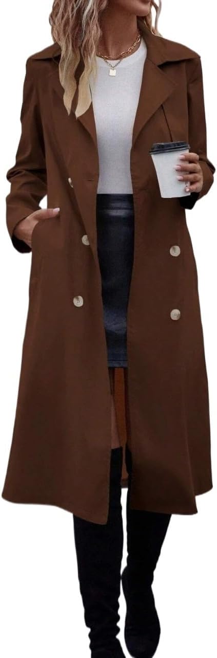 Womens Fashion Trench Outwear Autumn Casual Double-Breasted Waist Trench Coat Jacket Coat