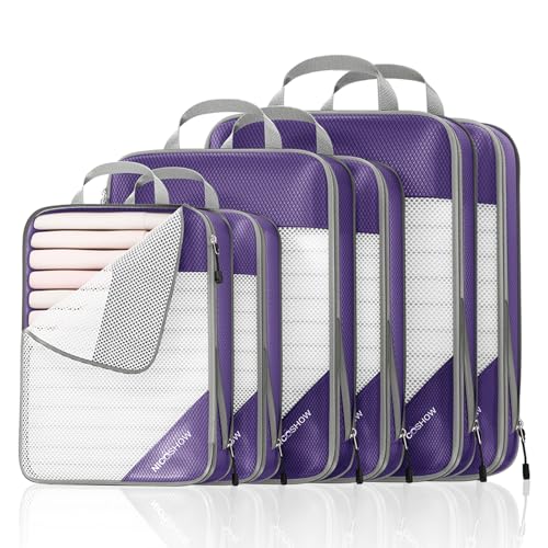 NICOSHOW Compression Packing Cubes 6 Set, Compressible Space-Saving Packing Cubes for Travel - Compression Bags, Luggage Organizer, Travel Essentials for Women, Purple