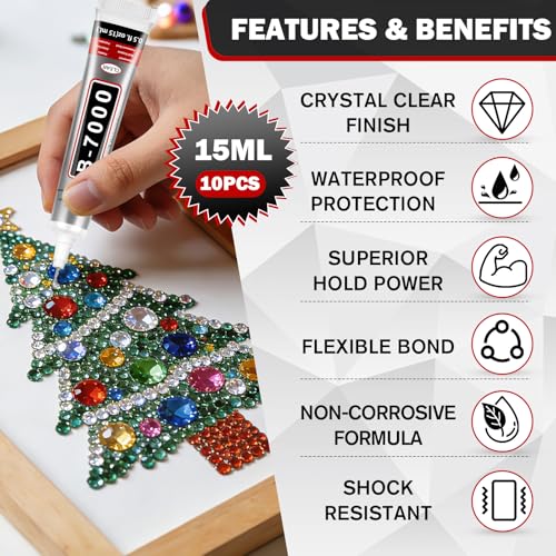 B-7000 Glue Clear with Precision Tip, 15ml 10 Pack Multi-Function Craft Adhesive, Waterproof Strong Bond Glue for Jewelry Making, Rhinestones, Bedazzling, Crafts, Shoes, Fabric, Phone Repair