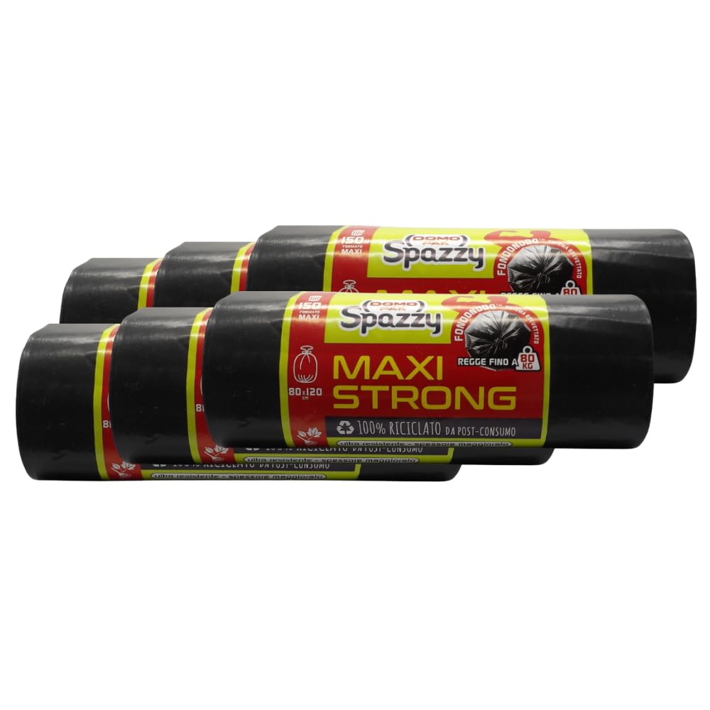 Sacchi Nettezza MAXI STRONG, Formato 150L, Misura 80x120 cm. Ultra Resistente - Spessore Maggiorato. Rotolo Da 10 Sacchi Neri (6 Rotoli)