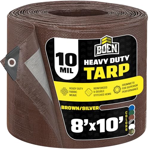 Heavy Duty Tarp Waterproof 8x10, Brown/Silver 10 Mil Rip Proof Cover UV