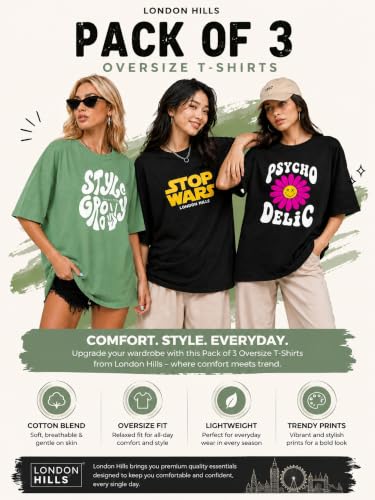 Image of London Hills Oversized Tshirt for Woman | t Shirt for Woman Oversized Fit Printed Round Neck | Tops for Woman's | Women t Shirt Loose Fit Drop Shoulder | t Shirts for Women | Western Tops