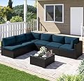 LOUVIXA 7 Piece Outdoor Patio Furniture Set, Rattan Chairs Glass Table Wicker Conversation Seating Sectional Sofa with Cushions Colorful (B-Coffee-Peacock Blue, B-7 Pieces-Straight Back)