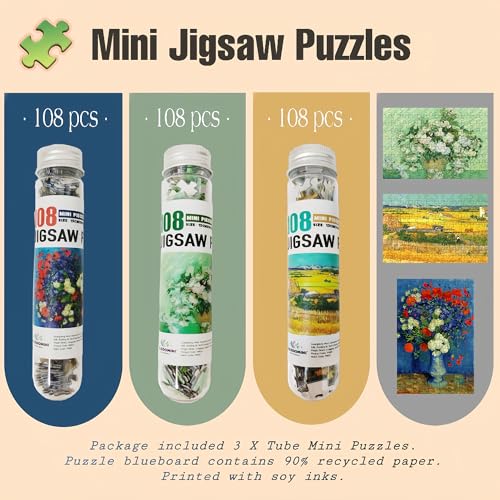 KALEIDOMINI-108 piezas rompecabezas pequeños para adultos - Serie de pinturas al óleo de Van Gogh, 6 x 4 pulgadas, 3 paquetes, rompecabezas mini desafiantes miniatura 2