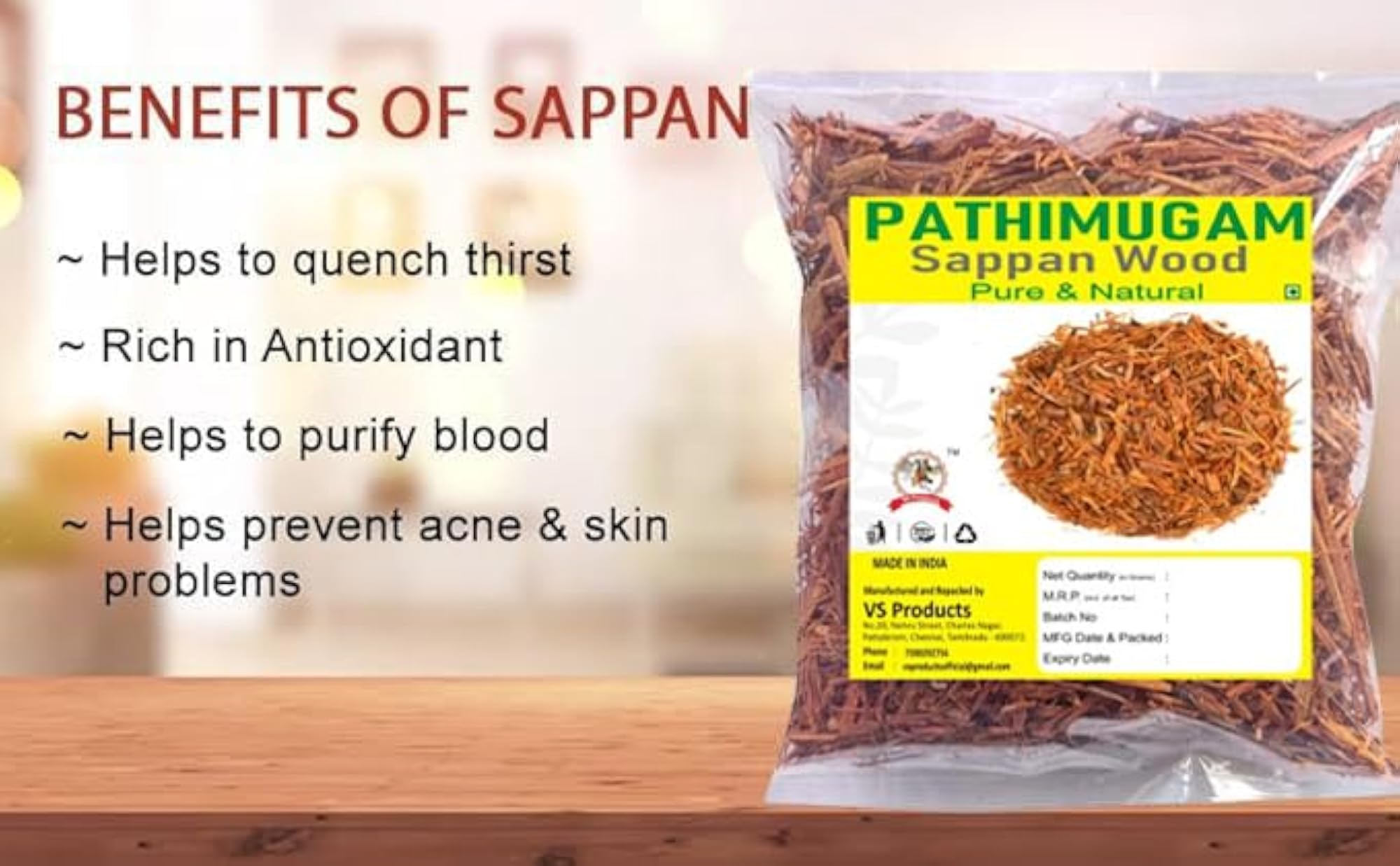 VS Products Pathimugam, 350g Sappan Wood for Blood Purification