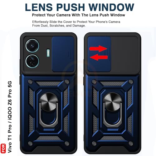 Image of Armor Bumper Back Cover Case for Vivo T1 Pro 5G / iQOO Z6 Pro 5G | Rotating Camera Cover, Ring Holder & Kickstand | Heavy Duty & 360 Degree Protection Back Cover (Blue)