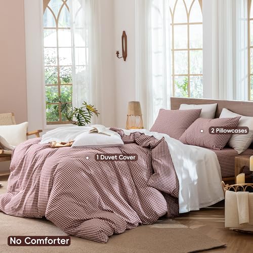 Image of MooMee Gingham Duvet Cover Set 100% Washed Cotton Linen Like King | Relaxed Linen-like Texture. Soft, Breathable & Long-lasting Comfort. Lightweight. Hidden Zipper with 8 Interior Corner Ties