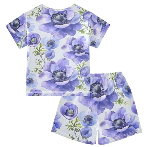 ALAZA Anemone Flower Pajamas Set Short Sleeve Cotton Sleepwear Summer Pjs 2 Piece 5-14Y2