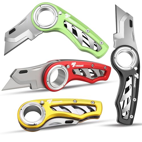 Image of Tondiamo 4 Pcs Folding Pocket Utility Knife Heavy Duty Box Cutter Folding Razor Knife with Anti Slip Finger Loop Easy Change Blades 3 Lock Positions Design (Yellow,Red,Black,Green)