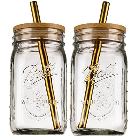 Reusable Boba Bubble Tea & Smoothie Cups - 2 Glass Wide Mouth 32oz Mason Jars with Bamboo Lids - 2 Reusable Gold Stainless Steel Boba Straws Cover