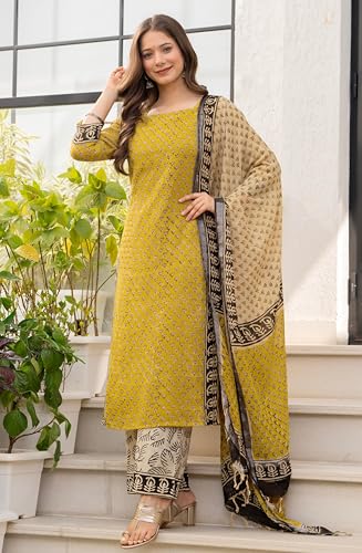 Image of Amayra Women's Pure Cotton Straight Kurta Set with Palazzo Pants & Dupatta|Ethnic wear|Kurta Set for Women
