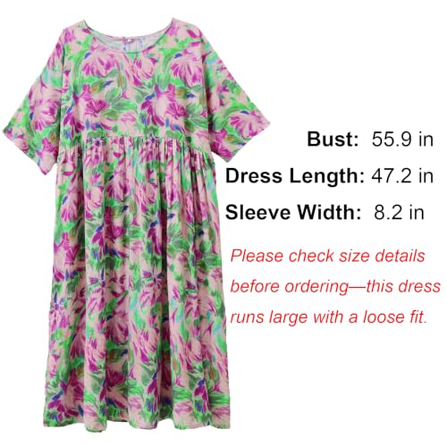Image of Women Plus Size Casual Dresses Floral Printed O Neck Short Sleeves Summer Oversized Dresses Boho Loose Fitting Wear